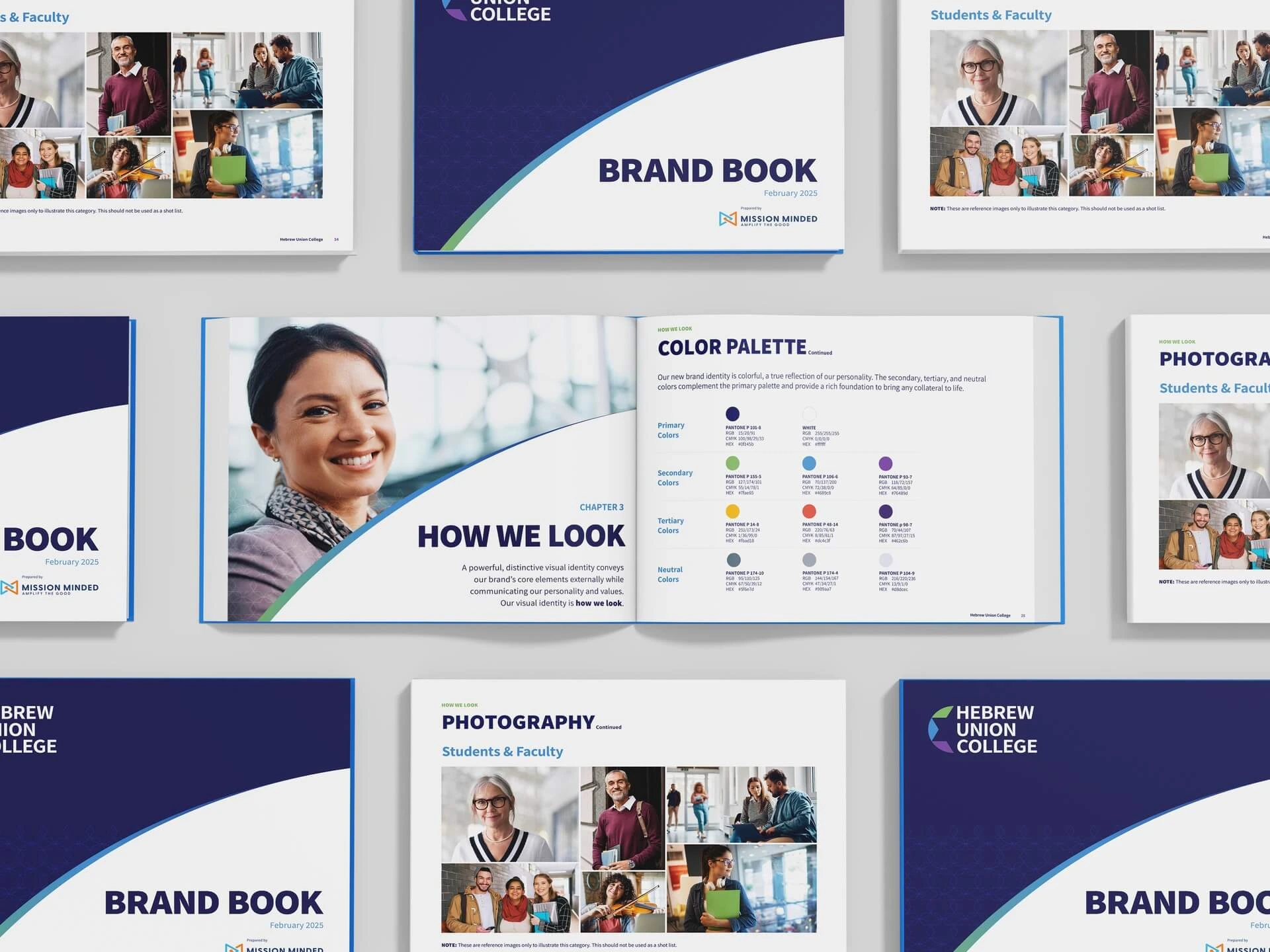 Spread of Hebrew Union College Brand Book pages showing color palette and photography sections